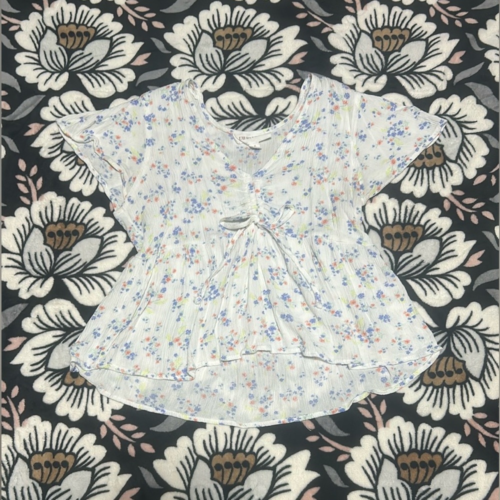 Pink Rose White and Blue Floral Blouse with Ruffled Details